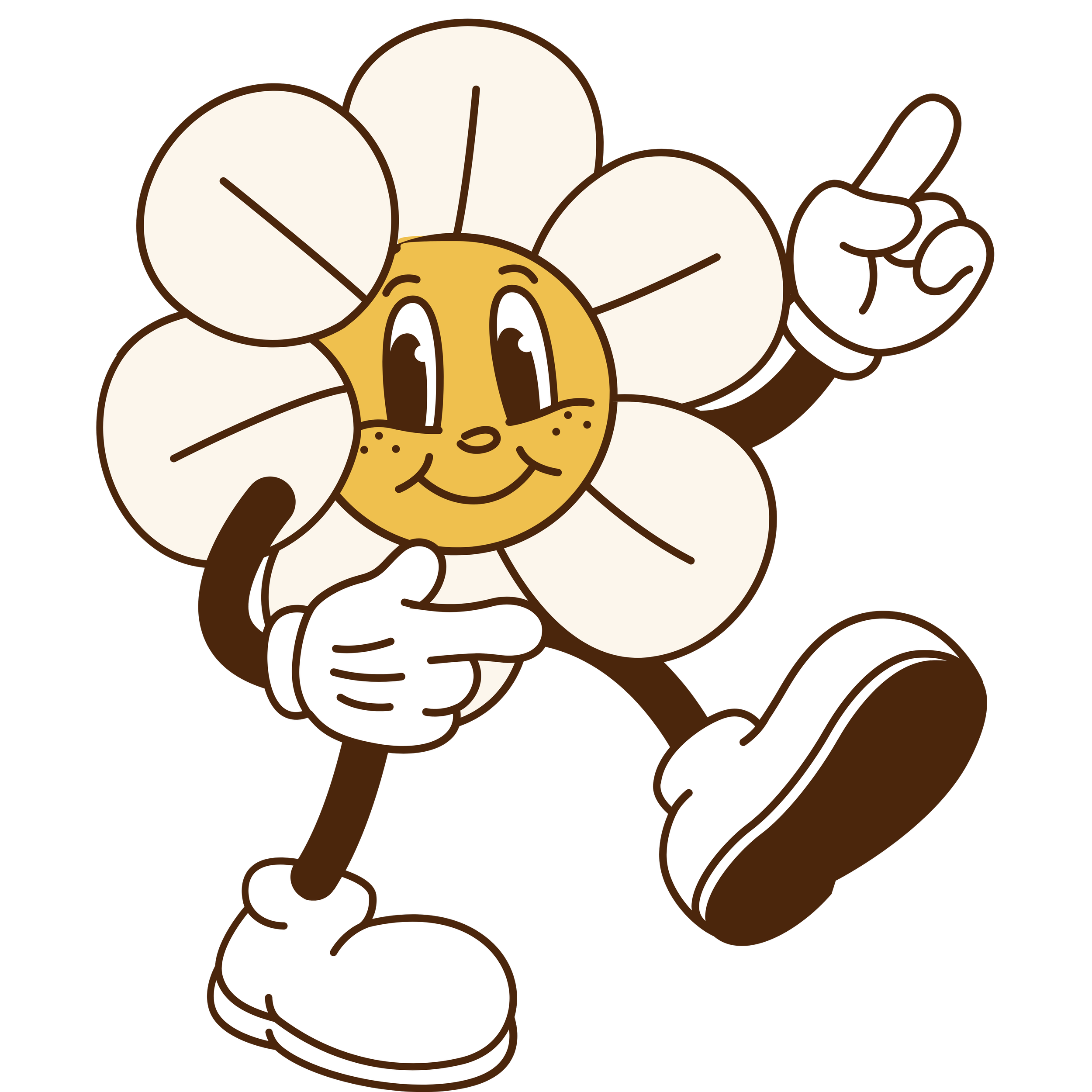 Cartoon flower character with a smiling face, white petals, and brown stem, pointing upward with one hand and holding its chin with the other, wearing white shoes and gloves.