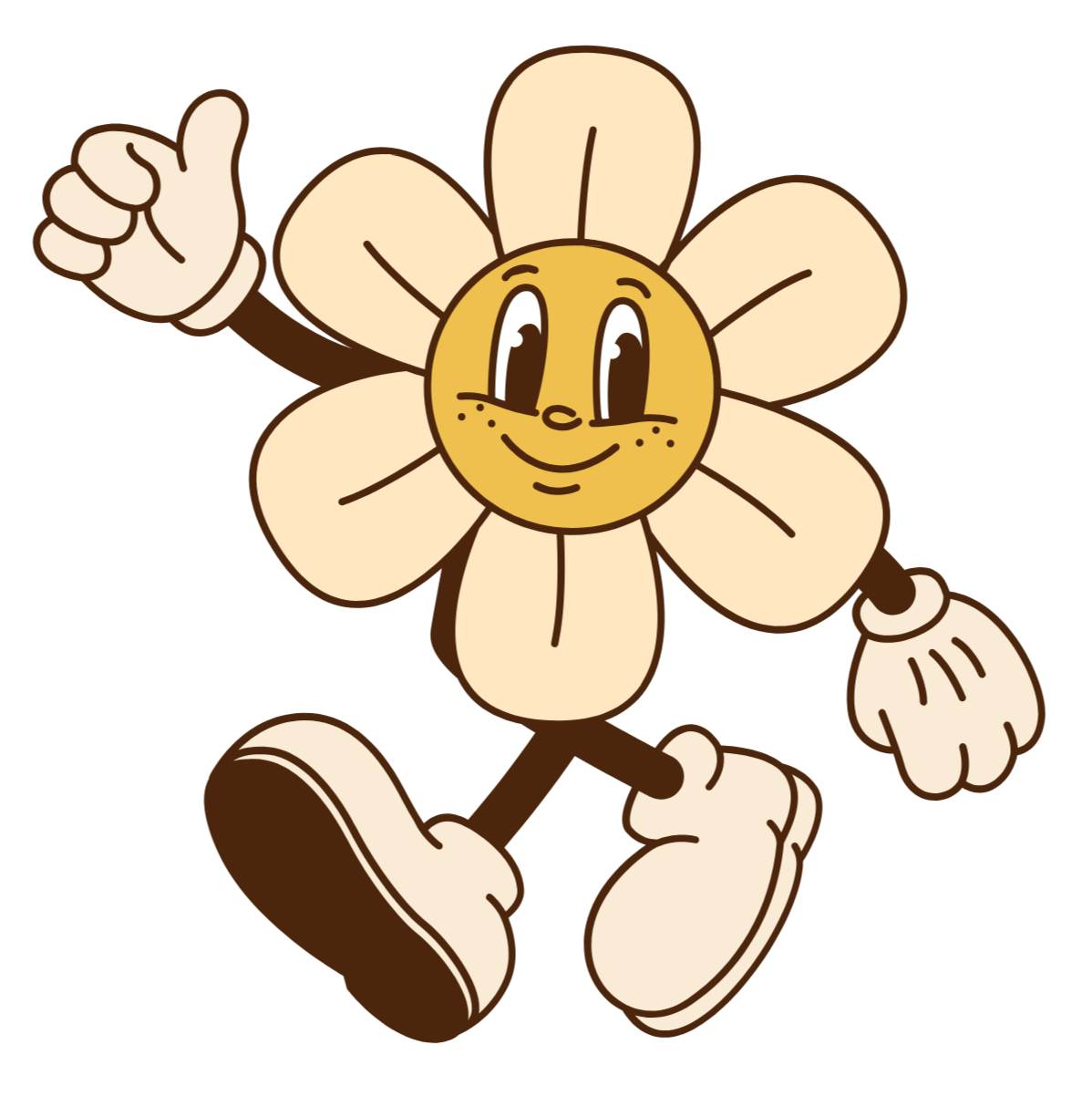 A cartoon flower character with a big smiling face, wearing shoes, and giving a thumbs up.