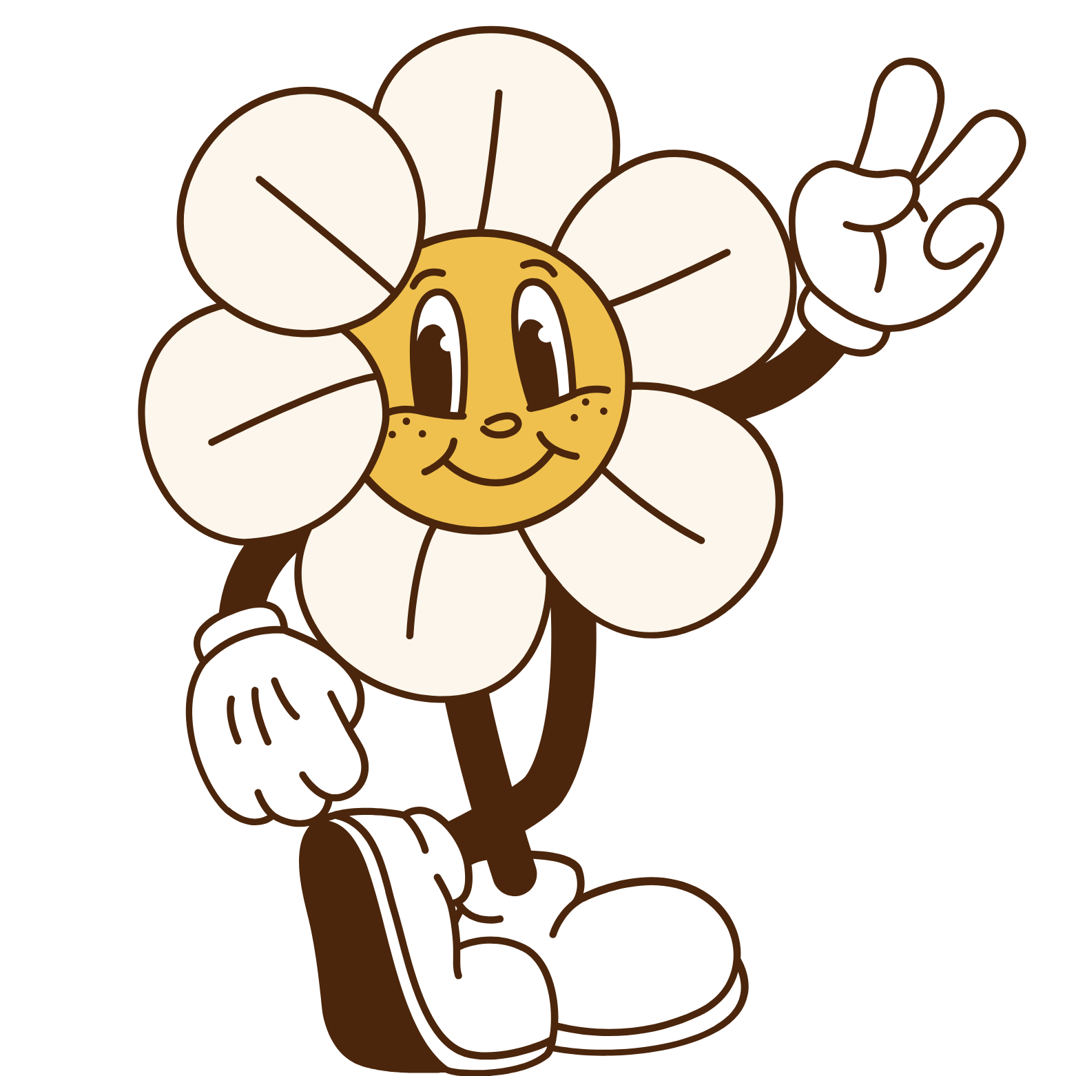 A cartoon flower character with a smiling face, large eyes, and arms, making a peace sign with one hand and holding the other hand near its body. The flower has white petals and a yellow face, wearing white gloves and shoes.