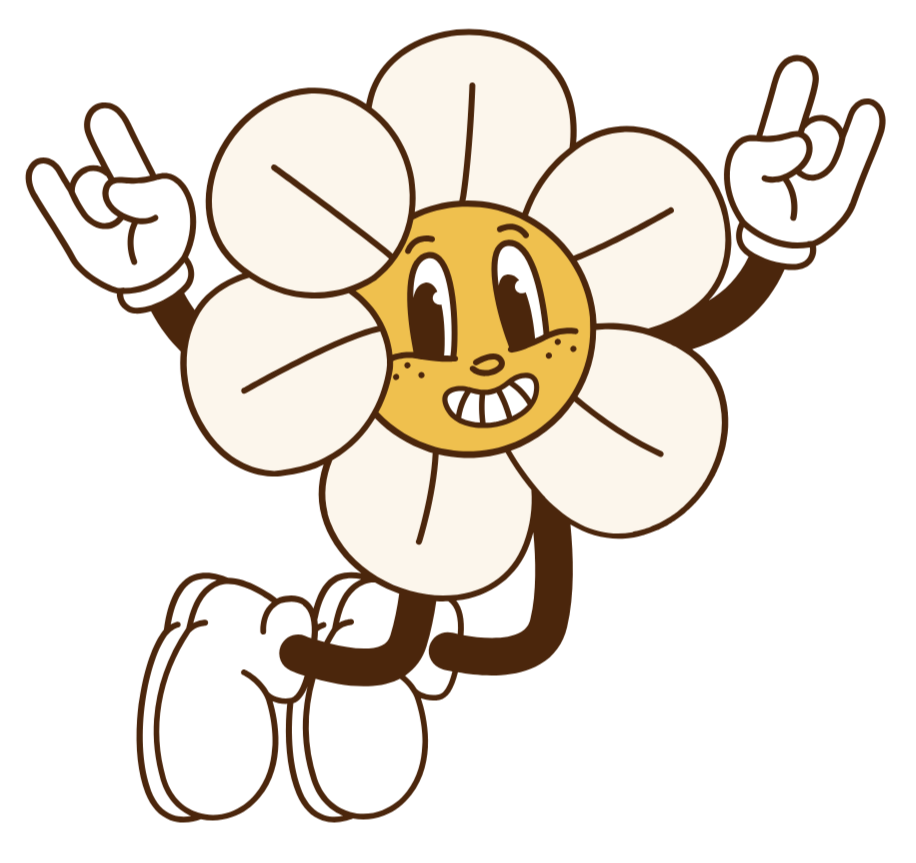 Animated flower character with a smiling face, large petals, and making rock and roll hand gestures with both hands.