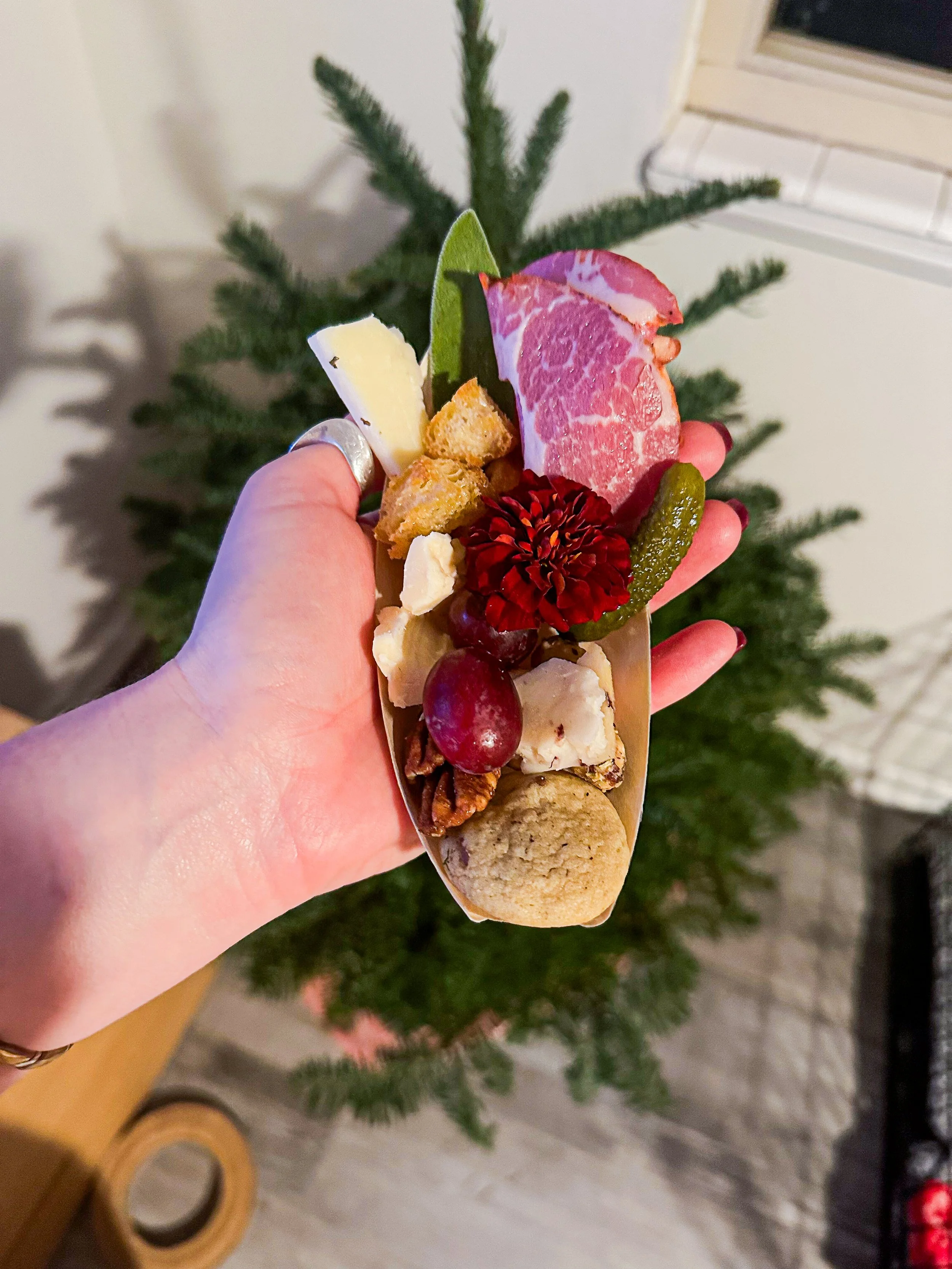 A hand holding a small paper tray filled with assorted cheeses, grapes, crackers, a pickle, and a red flower, with a Christmas tree and window in the background.