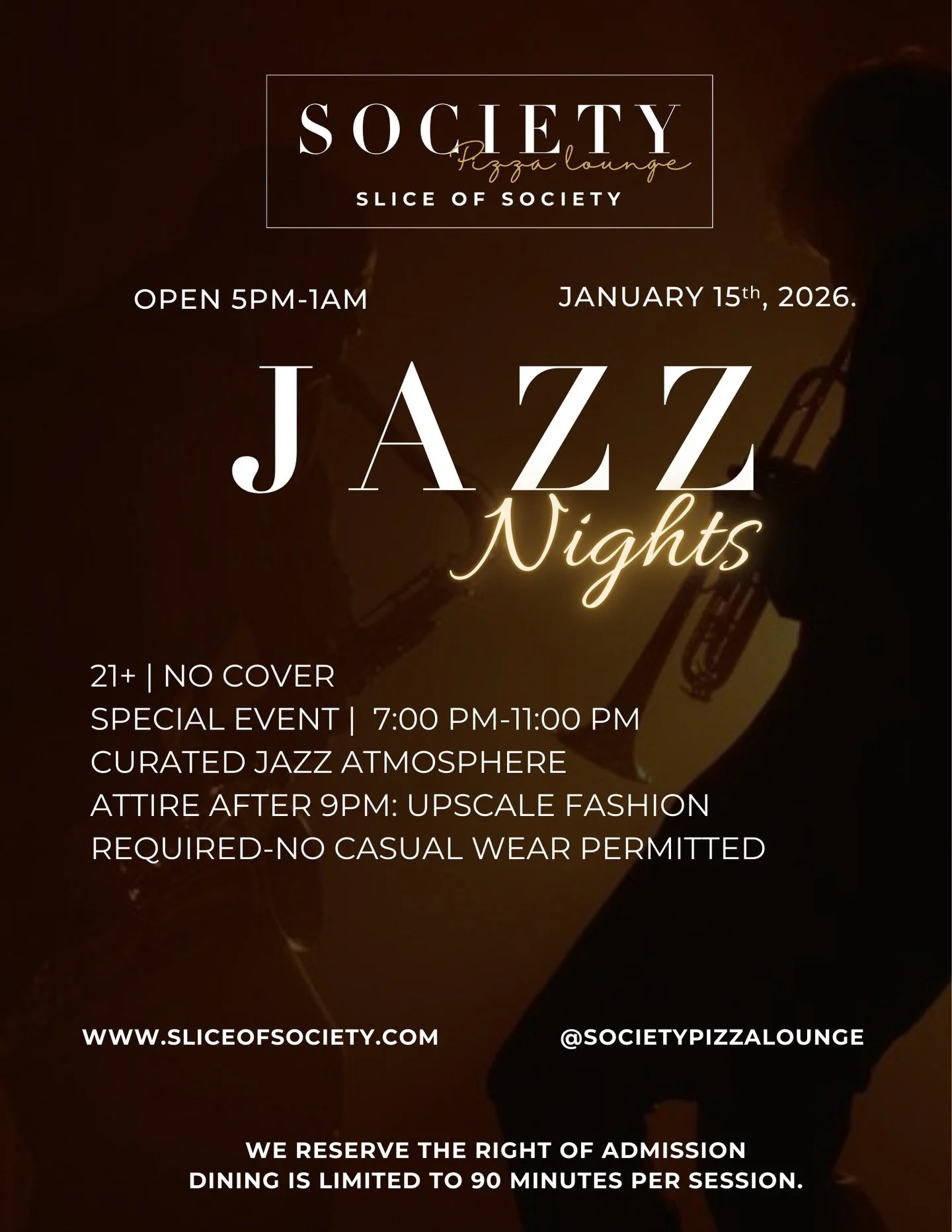 Evenings at Society are more than a night out, they&rsquo;re a statement. Thoughtfully curated ambiance, handcrafted cocktails, and music-driven energy define the lounge standard in Newhall.

🎷 January 15, 2026 &mdash; Jazz Nights
A sophisticated ev