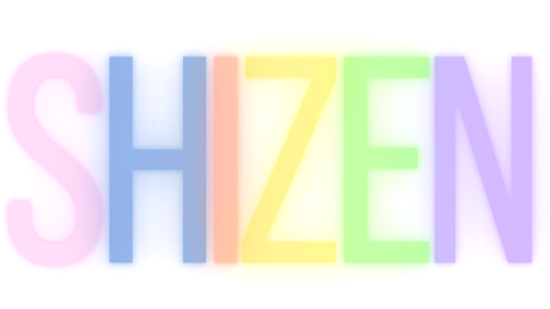 Colorful, semi-transparent letters spelling 'SHIZEN' on a white background.