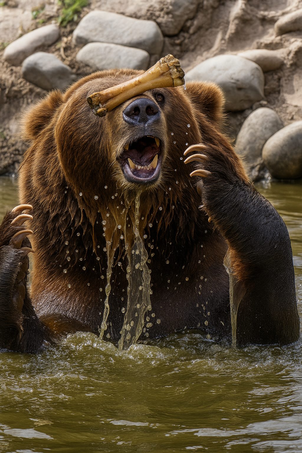 A brown bear in water with a bone on its nose, water dripping from its mouth, and rocks in the background.