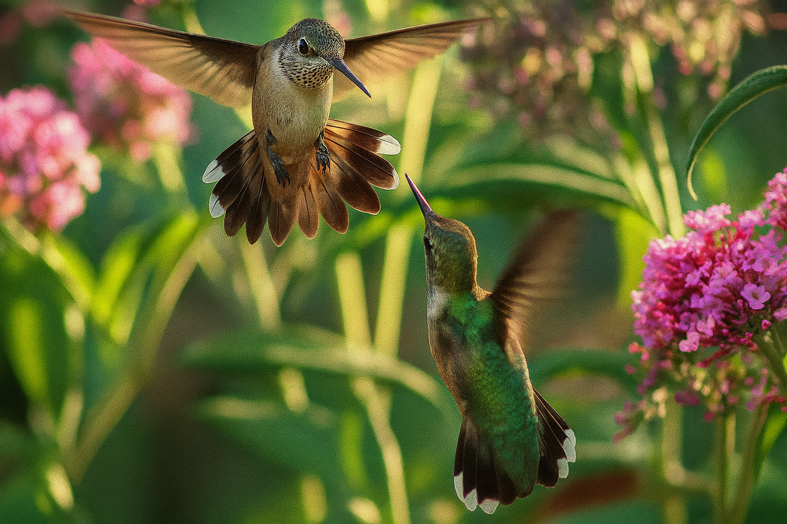 Two hummingbirds, one feeding from a pink flower and another flying nearby, surrounded by green foliage and pink flowers in the background.