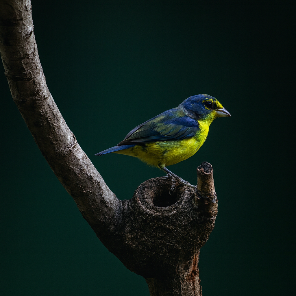A small yellow and blue bird perched on a branch against a dark green background.