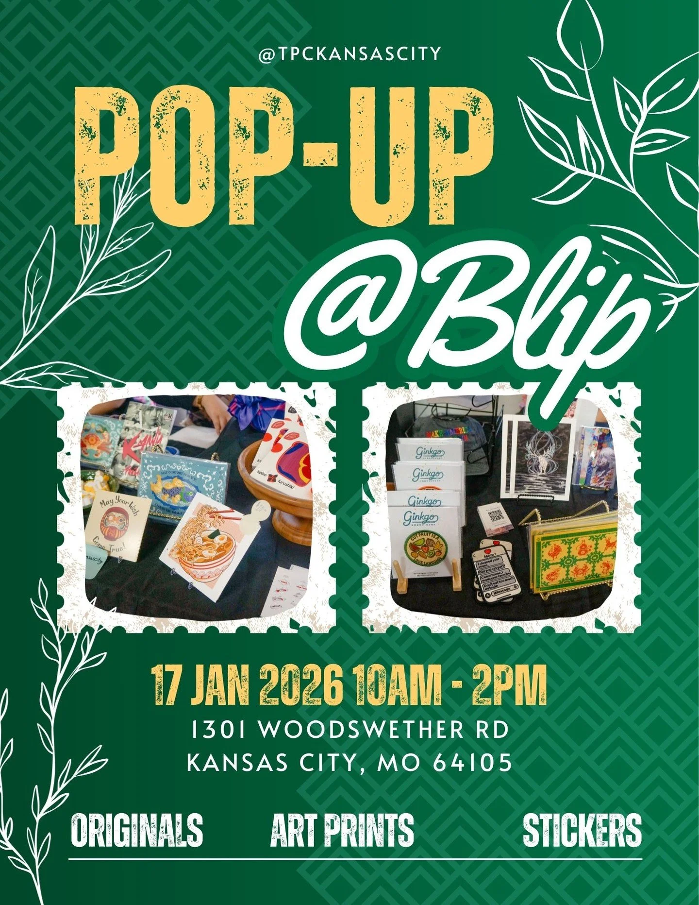 Our first pop up market has been scheduled! Come shop original art, linocut prints, fine art prints, stickers, and other products from our talented members at @bliproasters 

✨Blip Roasters
✨Saturday, Jan. 17, 10AM - 2PM
✨1301 Woodswether Rd, Kansas 