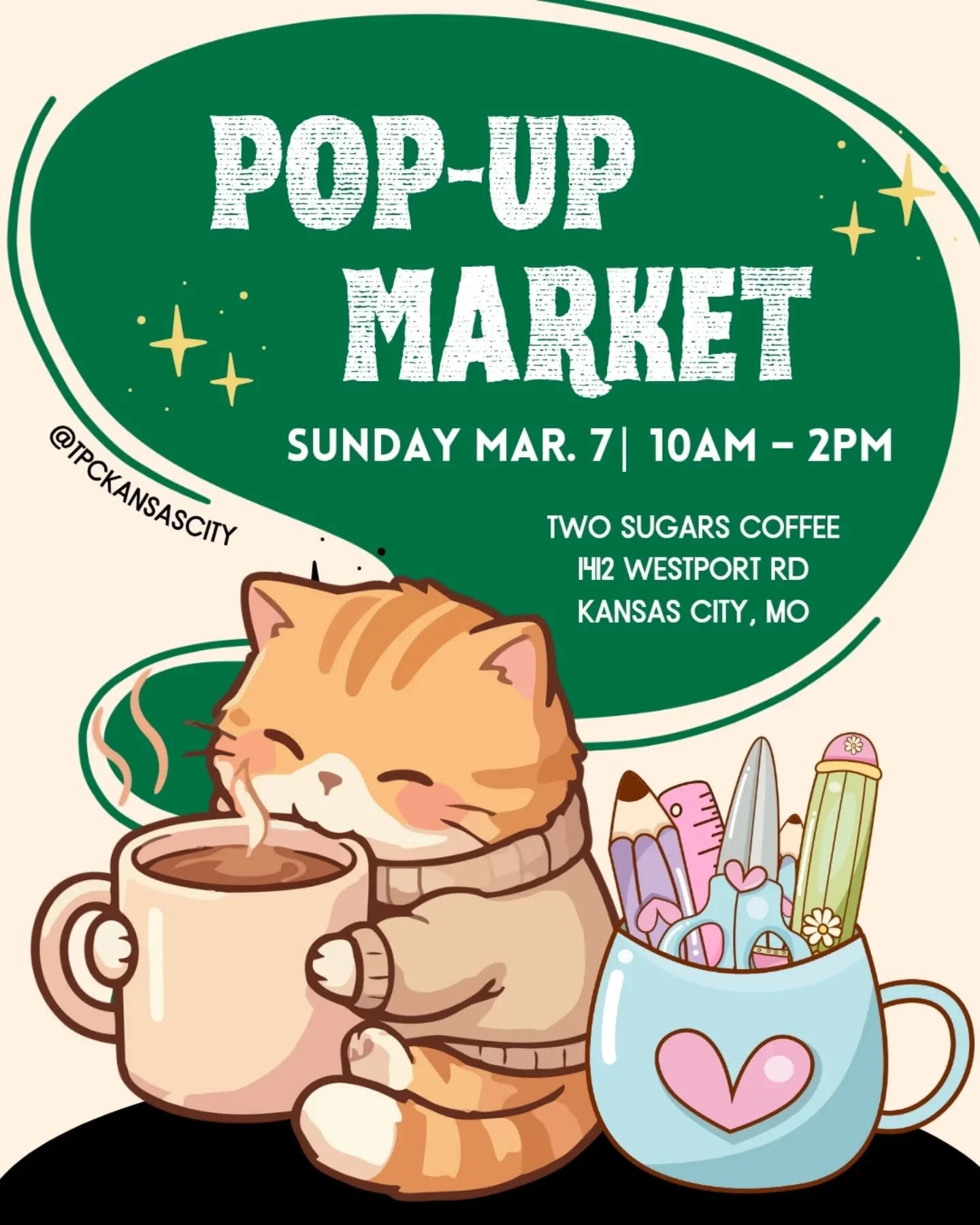 Artist merch restocked!
Come see us next Sunday, March 7 from 10am to 2pm at Two Sugars Coffee on Westport.

☕ Two Sugars Coffee / @twosugarscoffee 
📍 1412 Westport Rd.
Kansas City, MO 64111
🗓️ March 7 | 10 am &ndash; 2 pm

#tpckansascity #smallbus
