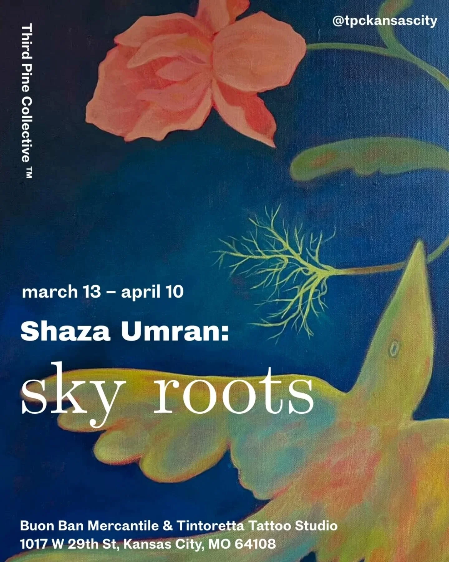 Third Pine Collective is excited to announce our very first member solo exhibition by Syrian-born, Kansas City-bases visual artist Shaza Umran (@shaza.umran )
"sky roots" will showcase a body of work never exhibited before. The exhibition o