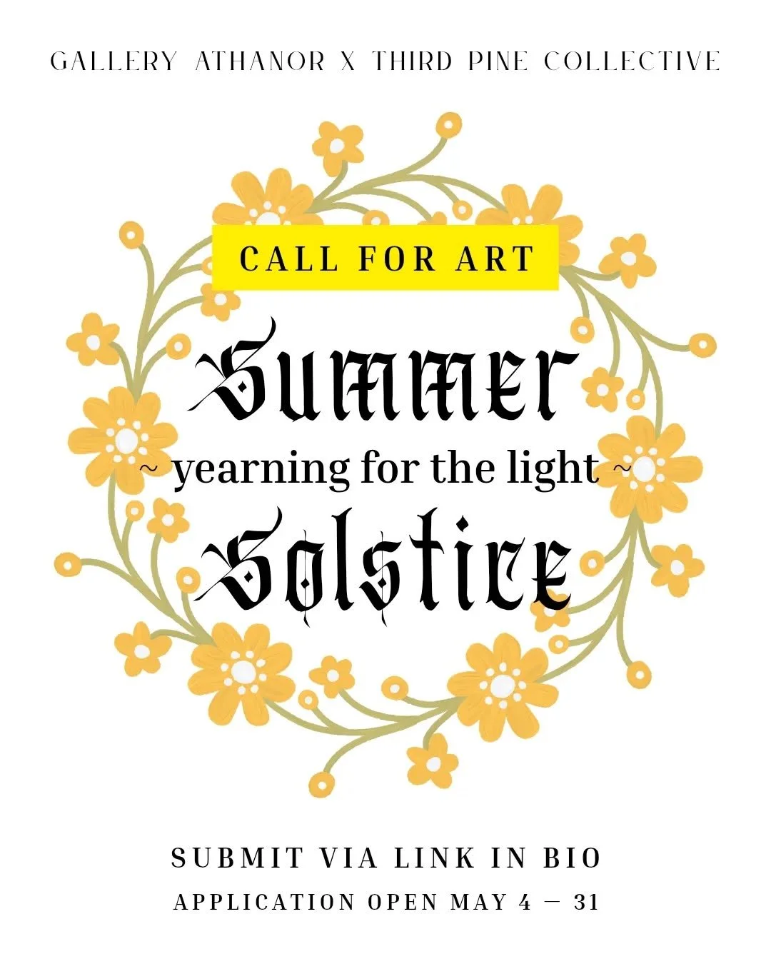 Call for art 🎨 ✨ Summer Solstice ~ yearning for the light ~ 🕯️ 
Thrilled to announce a partnership between Gallery Athanor (@galleryathanor) and Third Pine Collective this beautiful season.

All medium welcome. Apply via the link in our bio. Please