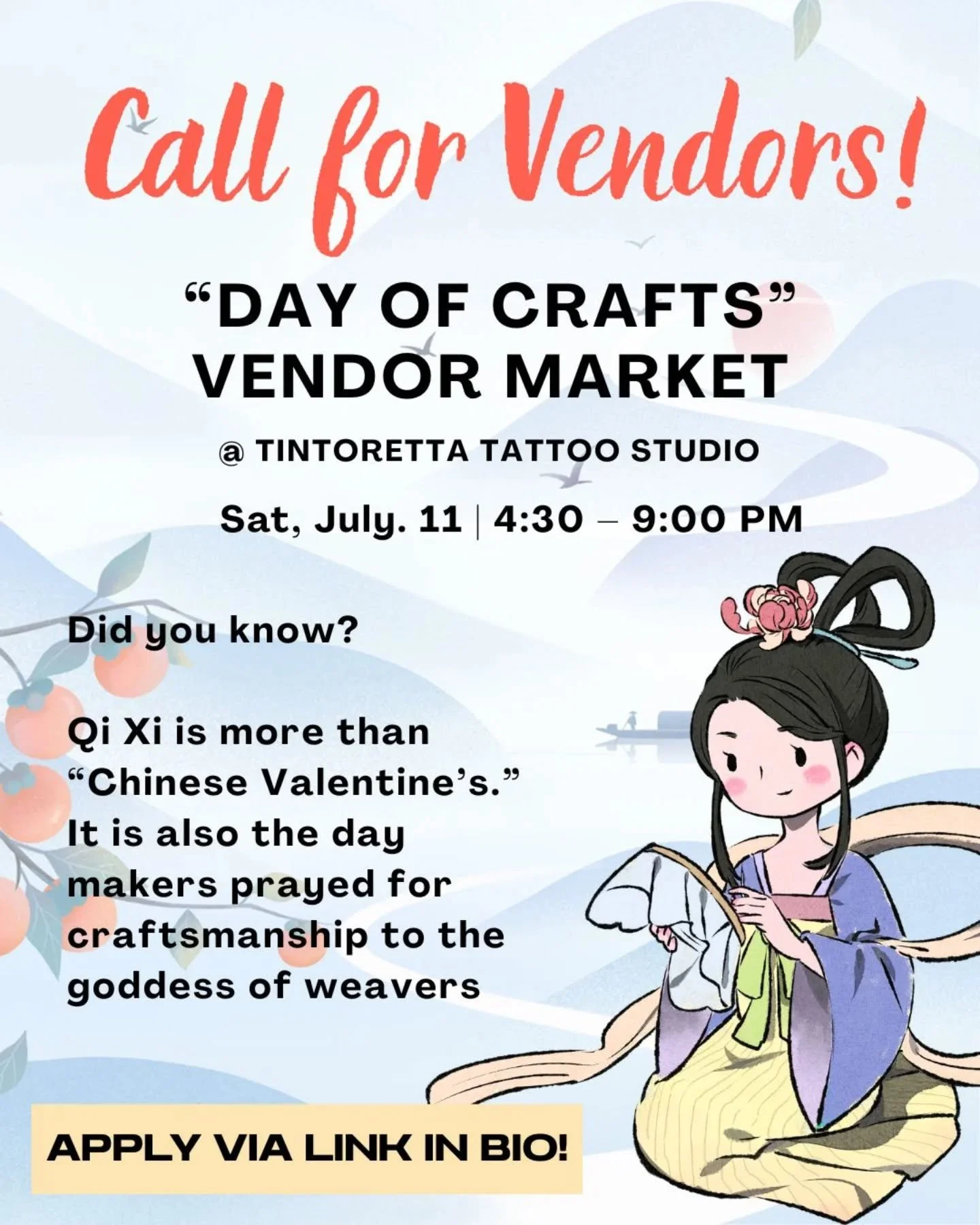 Correcting the date!!!
Join us for Day of Crafts market in July! New vendors are welcome! 10*10 outdoor canopy space available upon request without extra charge.
While most know July 7 as Chinese Valentine's due to the romantic story tied to the fest