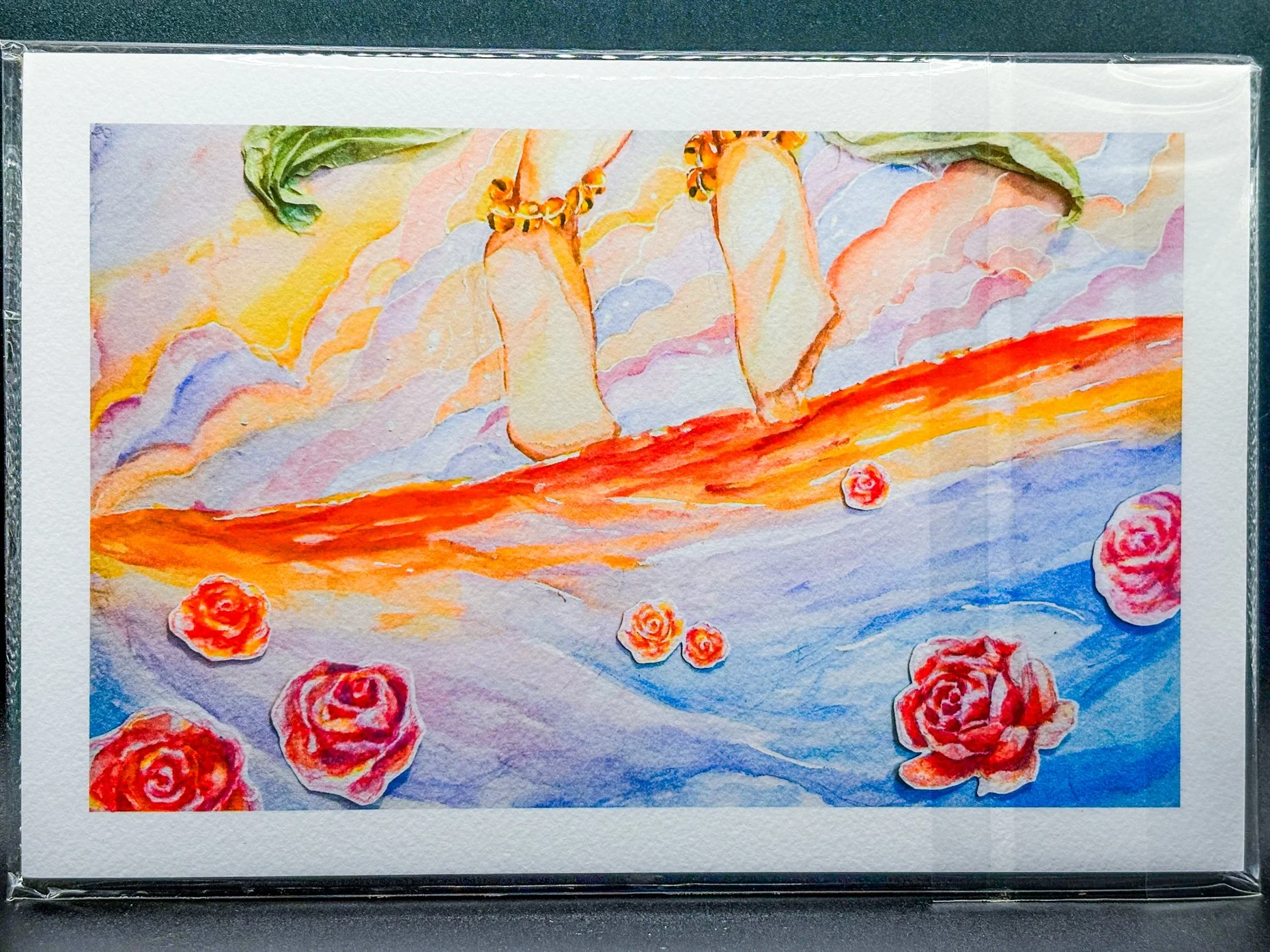 a fine art print replica of watercolor painting of a girl treading colorful pastel waves with roses blooming