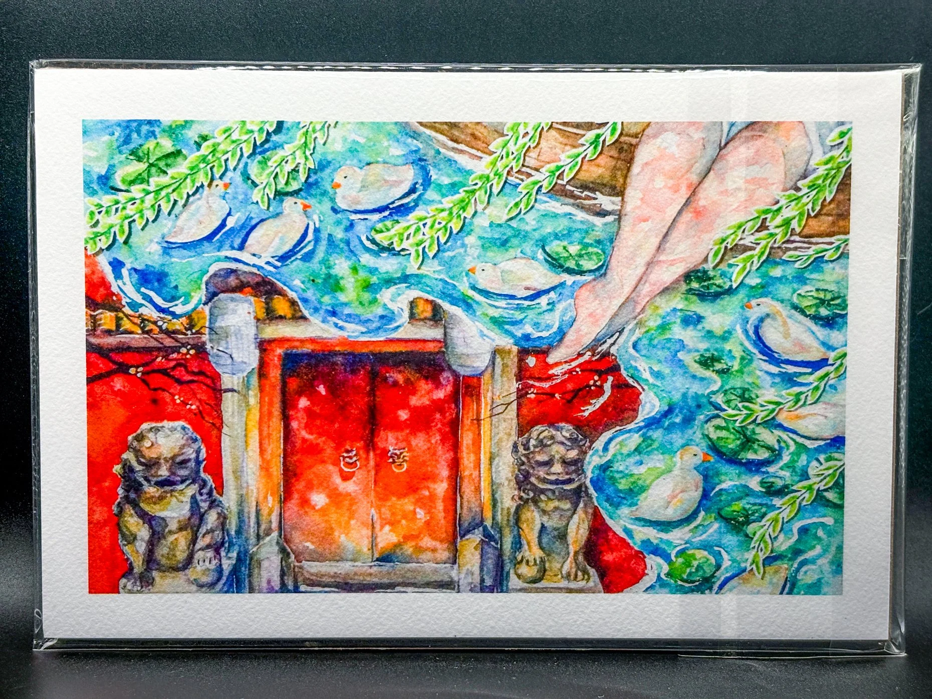 a fine art print replica of watercolor painting of chinese architecture, waterscape, and mandarin ducks