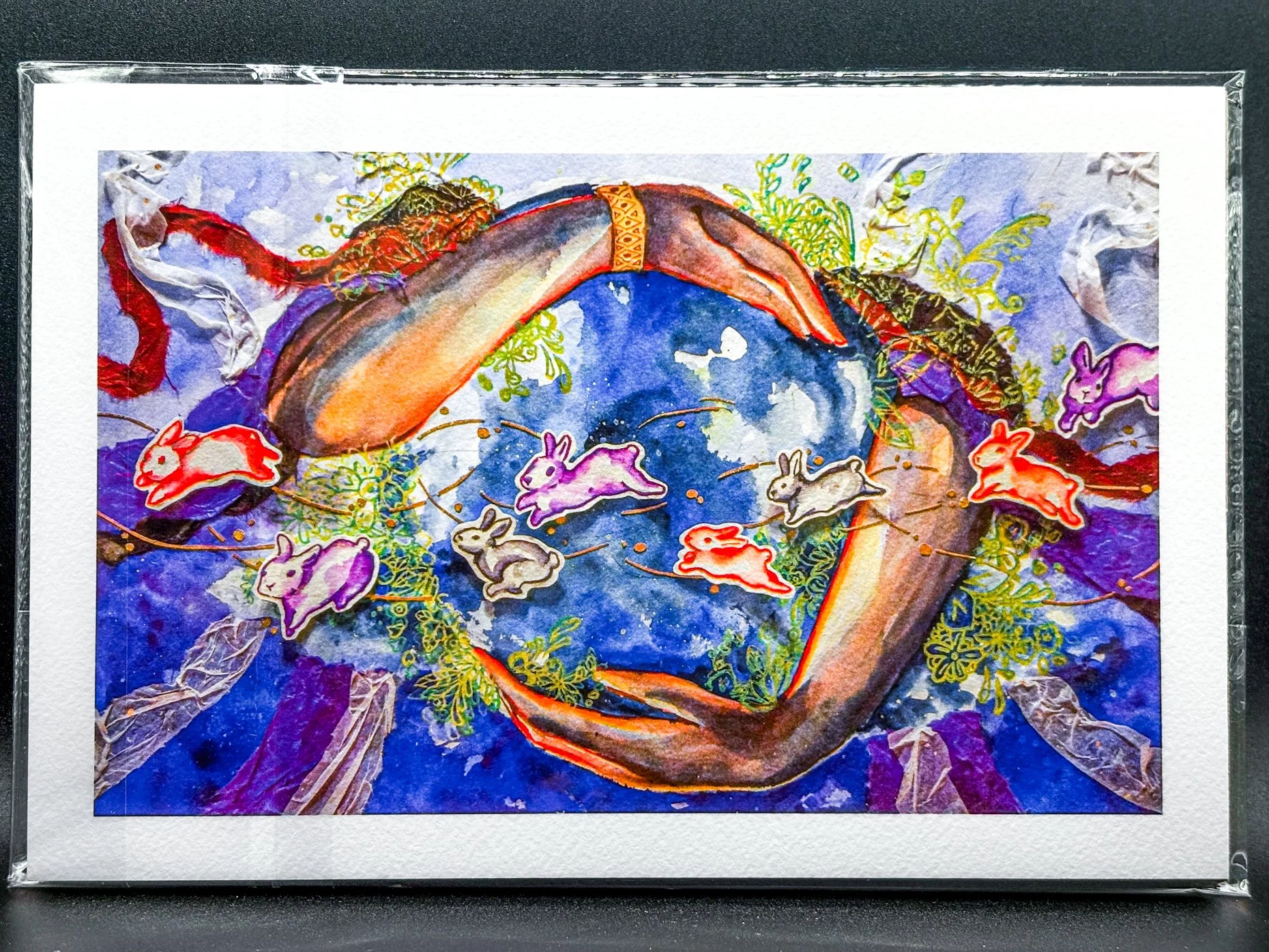 a fine art print replica of watercolor painting of moon and colorful bunny rabbits