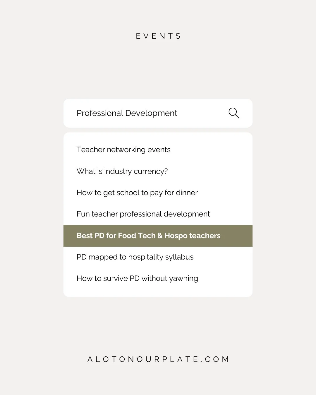I think we've found what you're looking for: www.alotonourplate.com⁠
⁠
#ALotonOurPlate #ProfessionalDevelopment #Teachers #Hospitality #FoodTech #TeachingCommunity #Learning⁠