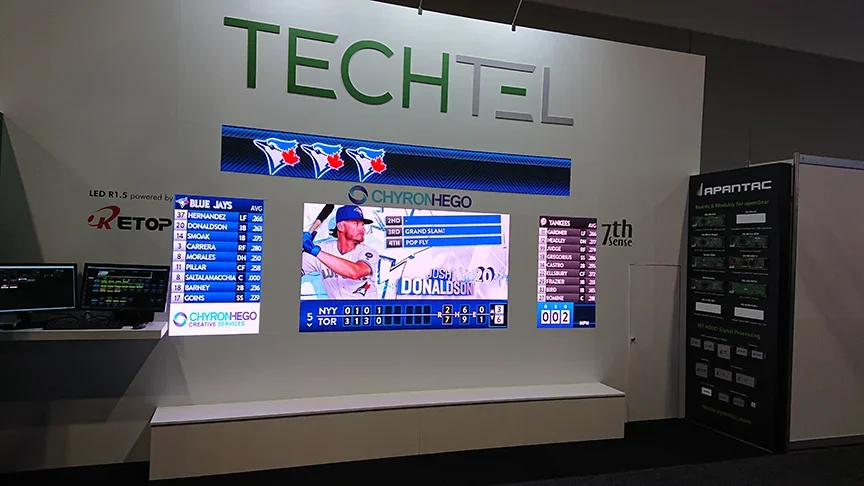 Techtel kicks off Integrate 2018 with a demonstration of the latest Stadia LED board show control from Click Effects over Retop’s high performance LED screen