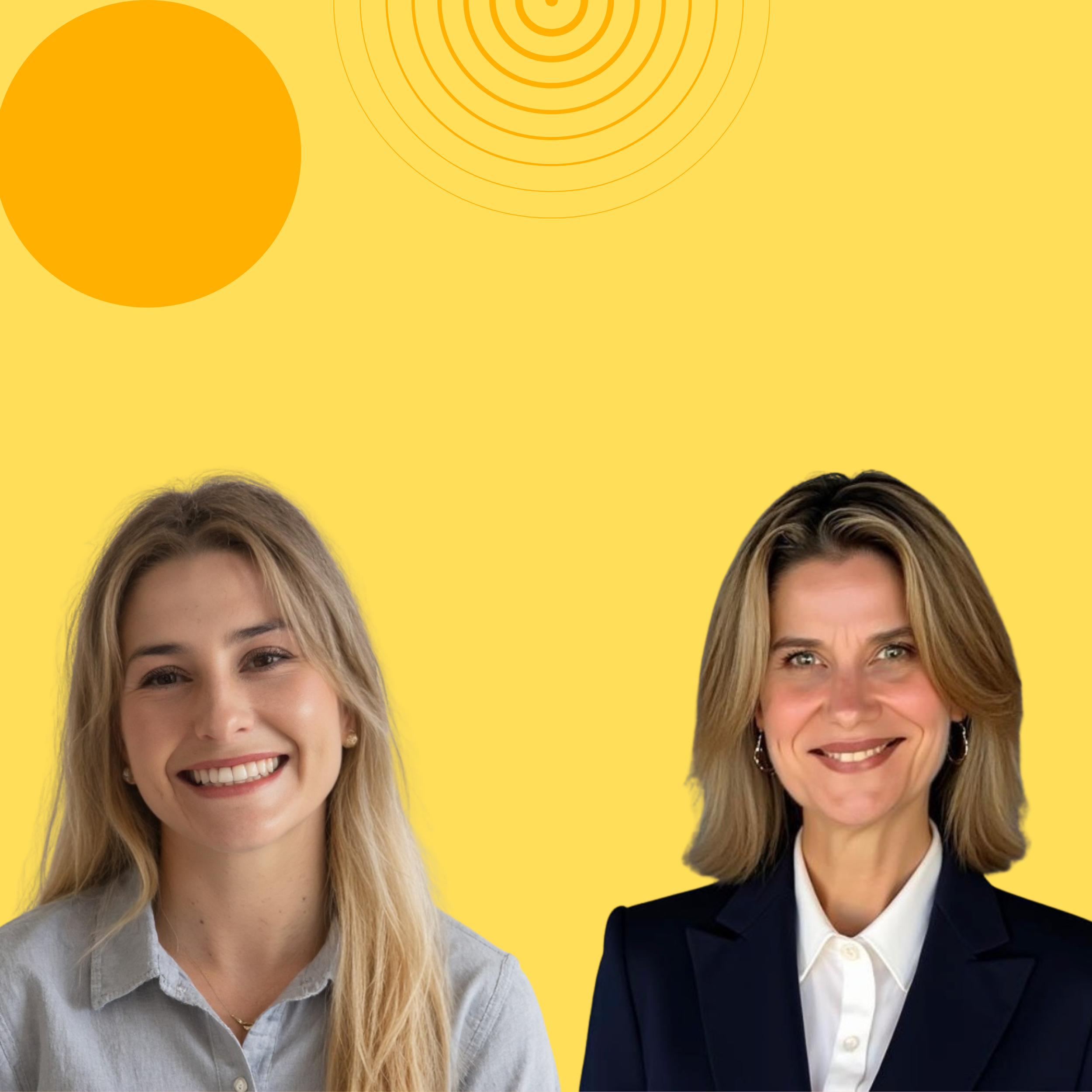 Two women smiling against a yellow background with orange and concentric circle designs at the top.