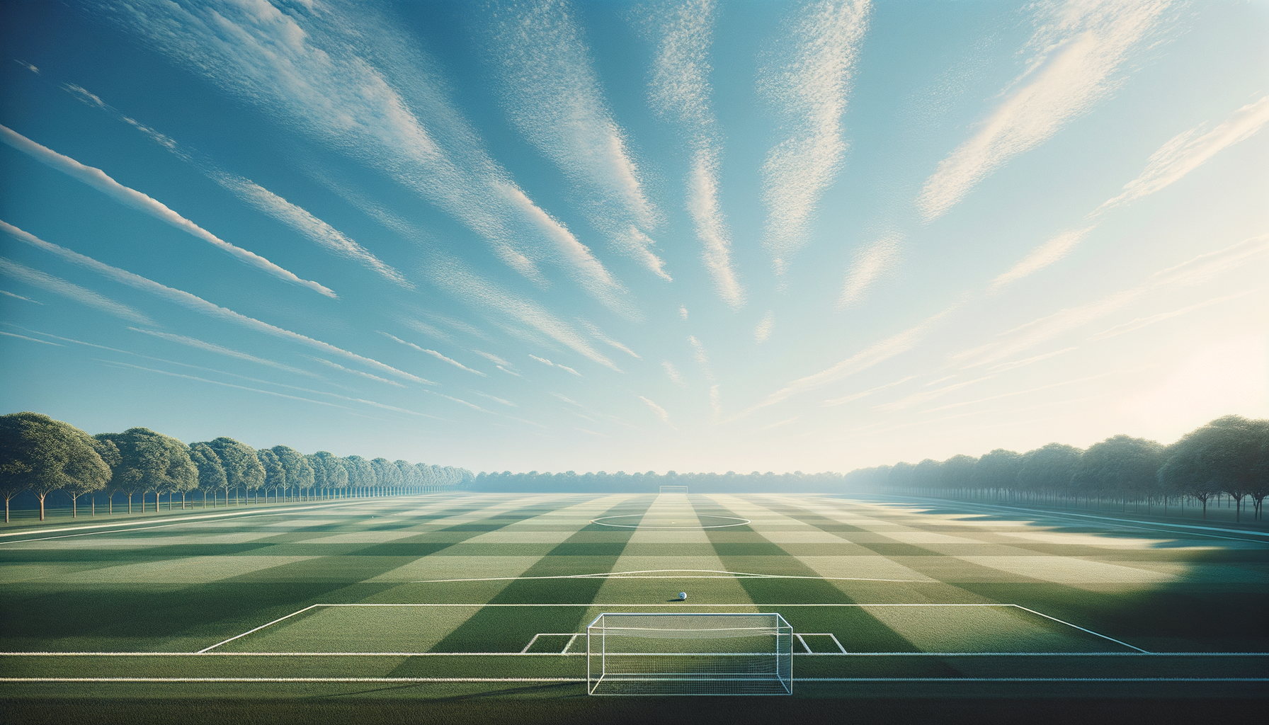 Empty soccer field with goalpost, surrounded by trees, under a sky with streaks of clouds.