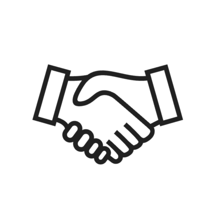 Black outline icon of two hands shaking.