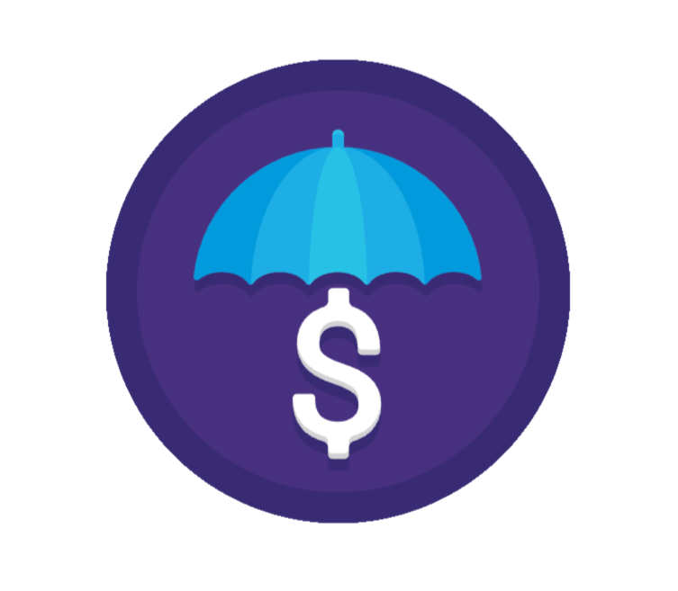 Icon of a blue umbrella with a white dollar sign underneath on a purple circular background.