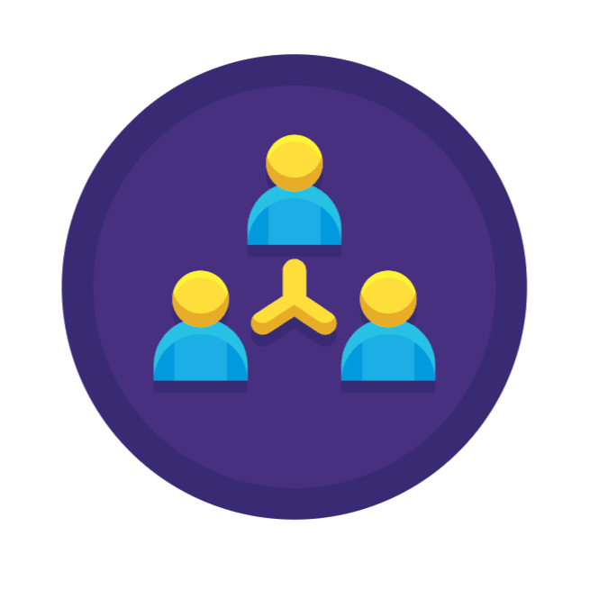 An icon depicting three people connected by a yellow three-way handshake symbol, representing teamwork or collaboration.