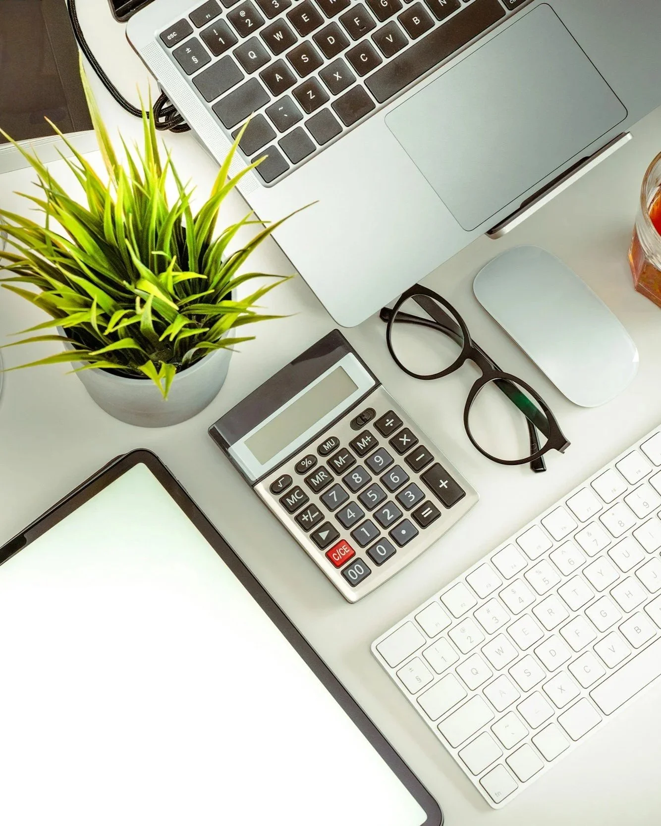 Desk with computer calculator supplies