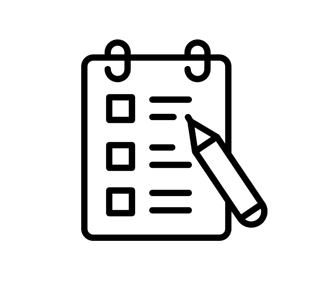 Outline of a checklist on a clipboard with checkboxes and lines, along with a pen.