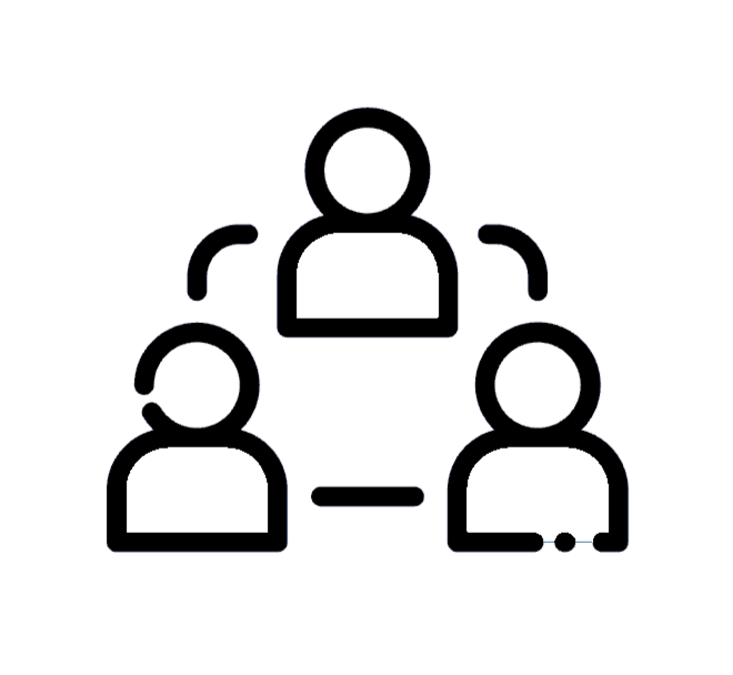 Outline illustration of three people connected by lines indicating communication or collaboration.