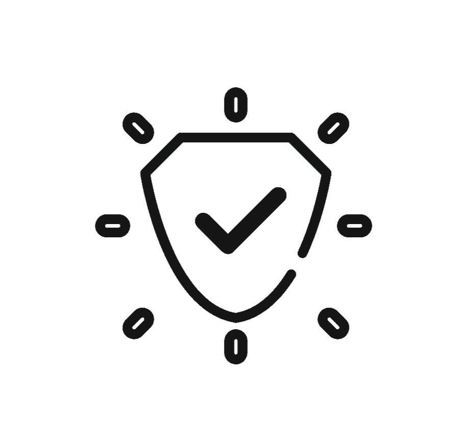 Icon of a shield with a checkmark in the center, surrounded by small shield shapes that resemble a virus or bacteria, symbolizing protection or health security.