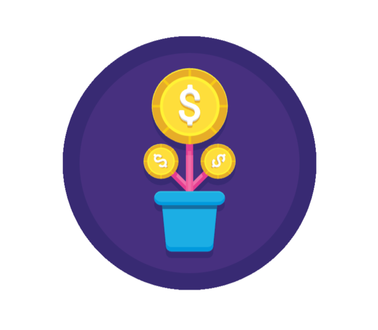 Illustration of a potted plant with coins shaped like dollar signs growing on its branches, symbolizing financial growth or investment.