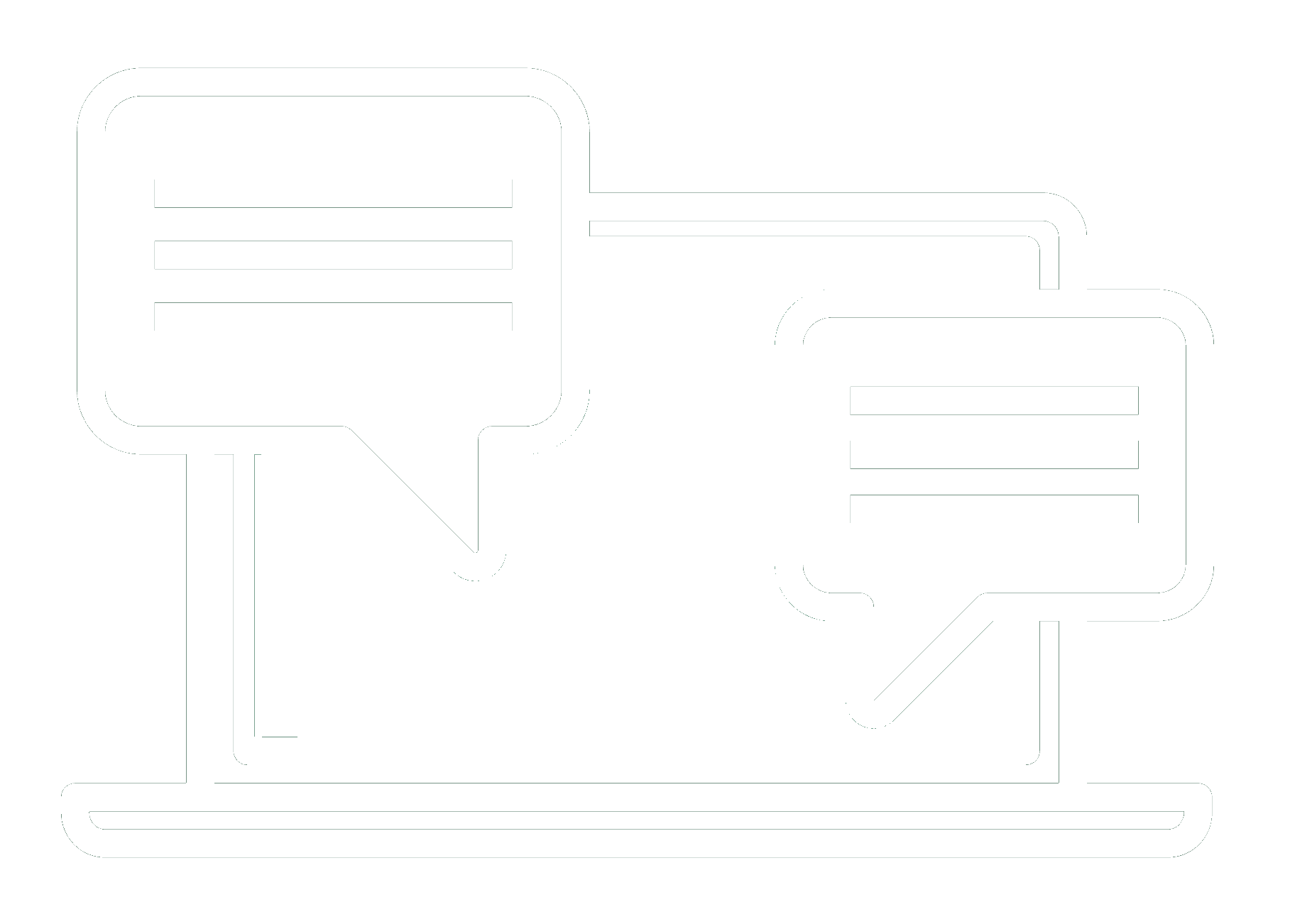 Line art illustration of a laptop with two speech bubbles containing lines of text.