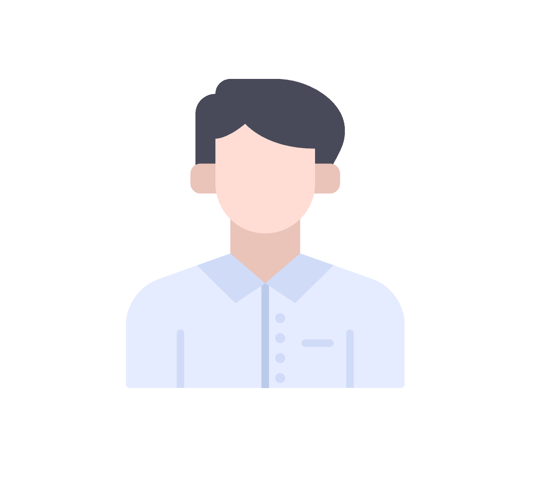 Cartoon illustration of a person with dark hair, wearing a white collared shirt, and no facial features.