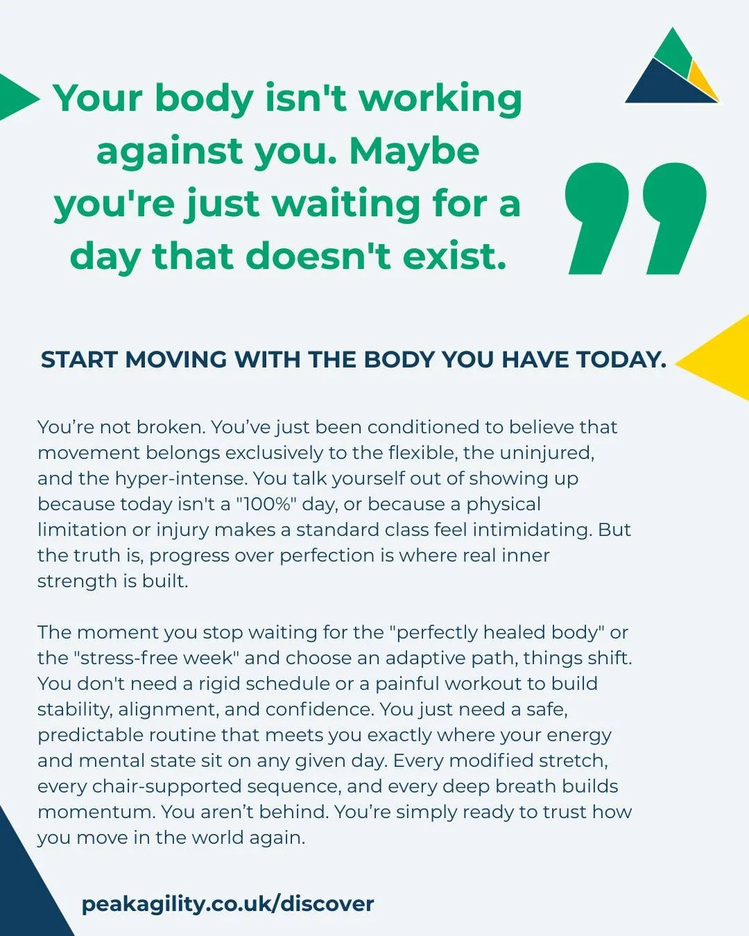 Progress looks different for every body.

Finding a workout space that feels safe and predictable can be a challenge especially if you are navigating a physical disability, long-term injury, chronic tension, or high mental fatigue.

At Peak Agility, 