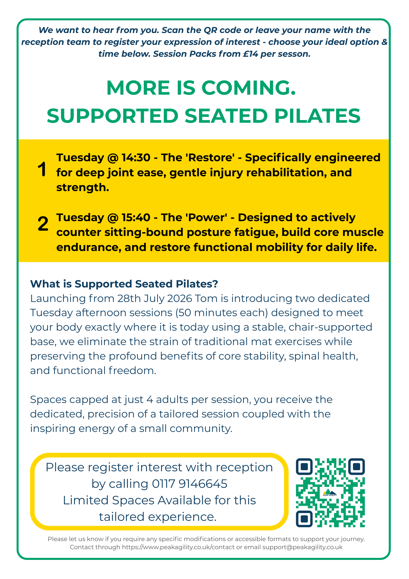 A flyer for Supported Seated Pilates classes, with details of class times, benefits, and registration information, including a QR code and contact number.
