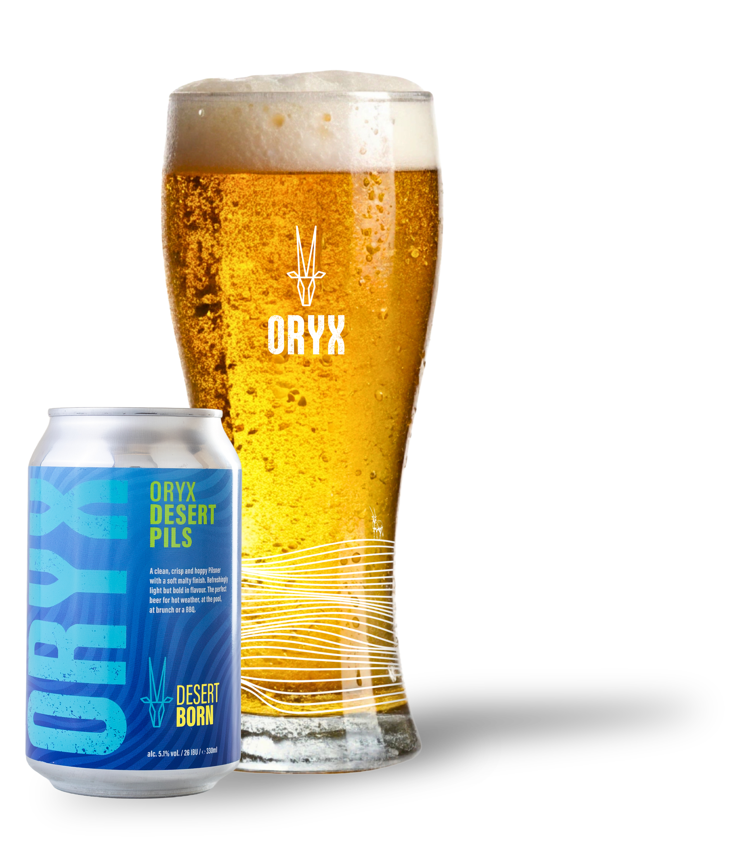 A can of Oryx Desert Pils beer and a tall glass of beer with frothy head, both labeled with the Oryx logo, with a shadow on a white background.