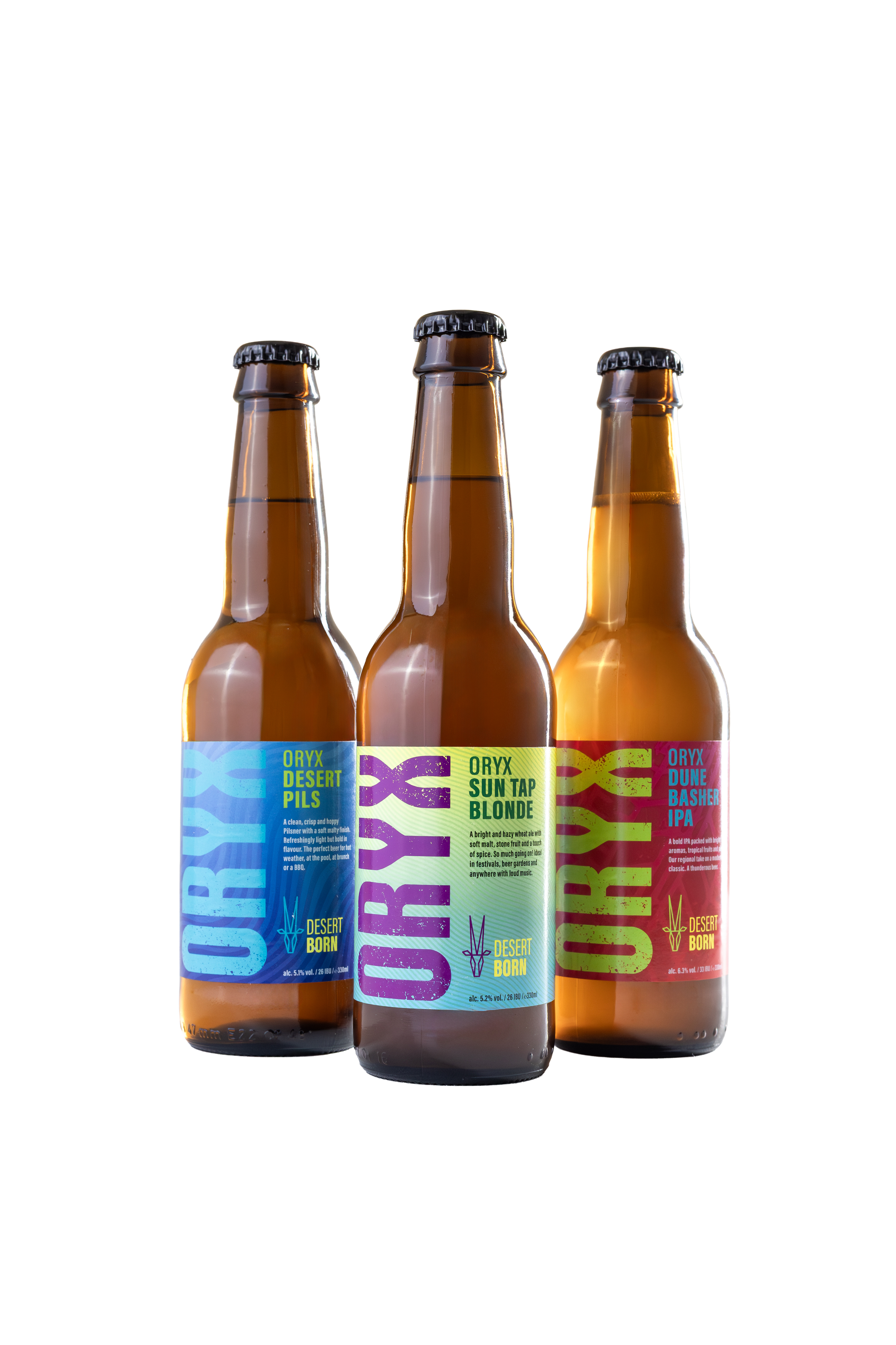 Three bottles of beer with colorful labels from Oryx Brewery, featuring different descriptions and flavors.