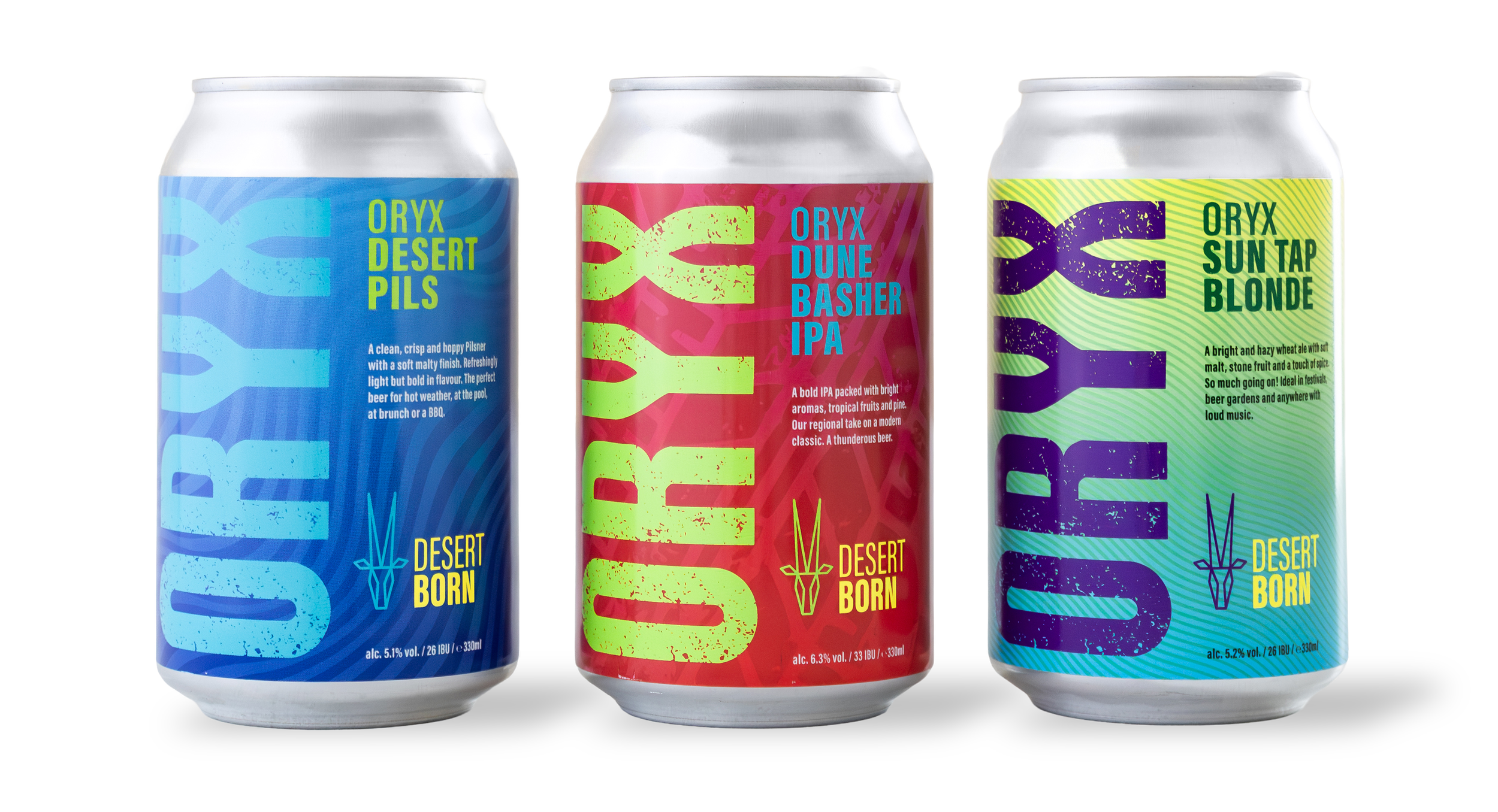 Three cans of craft beer from Desert Born, each with vibrant, colorful labels. The first can is blue with text "OREX DESERT PILS," the second is pink with "OREX DUNE BASHER IPA," and the third is green with "OREX SUN TAP BLONDE."