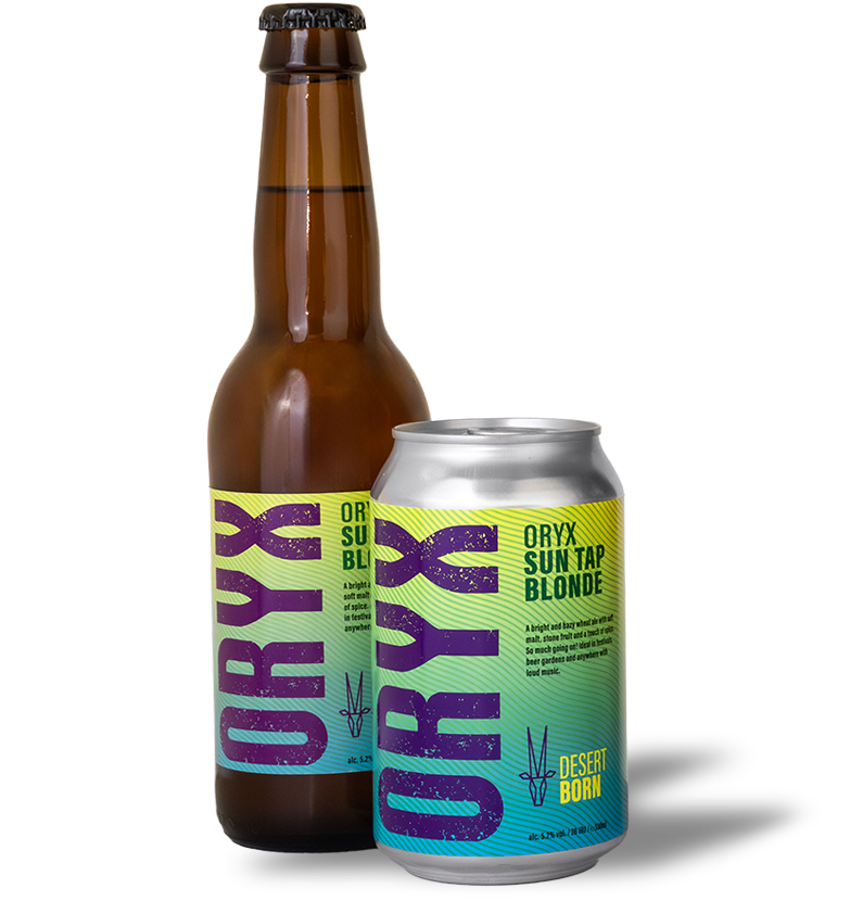 A brown glass beer bottle and a silver can of Oryx beer with colorful labels featuring purple, green, and blue text and graphics against a black background.