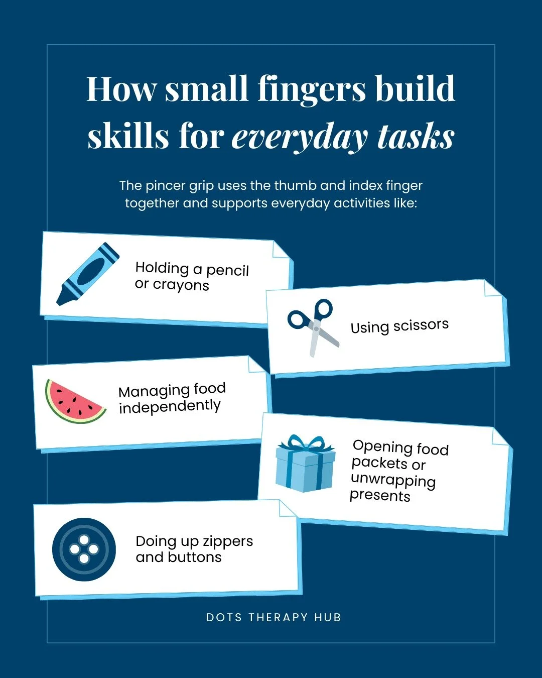 Pincer grip skills can be built using everyday tools found around the home. 

Simple, playful activities help develop coordination, precision and independence, making everyday tasks easier and more enjoyable.

At DOTS, we help you identify goals and 