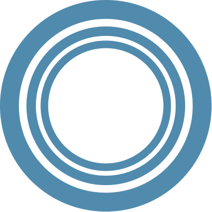 A black circular object inside four concentric blue circles on a white background.