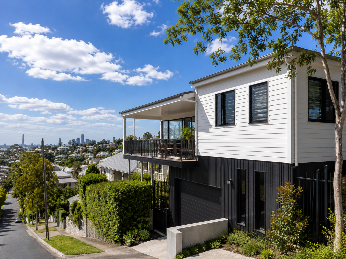 AI-generated architectural visualisation of a renovated Queenslander home in Brisbane's Paddington suburb, overlooking the surrounding hills.