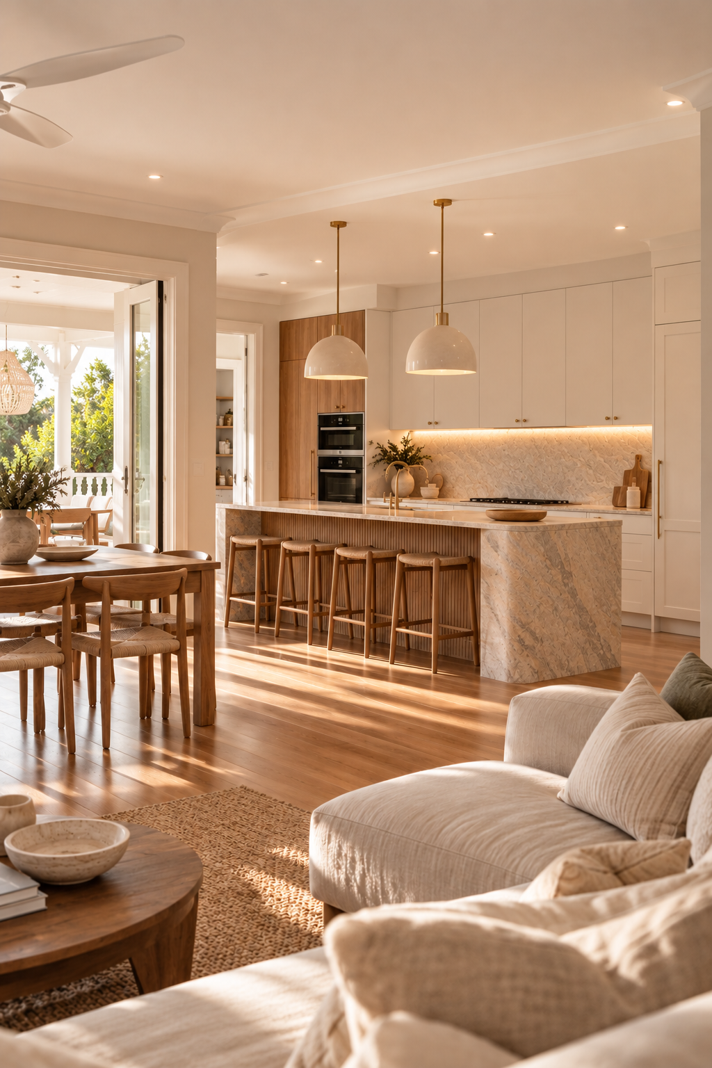 Renovated Brisbane home interior featuring a modern kitchen, timber flooring, open-plan living area and contemporary finishes.