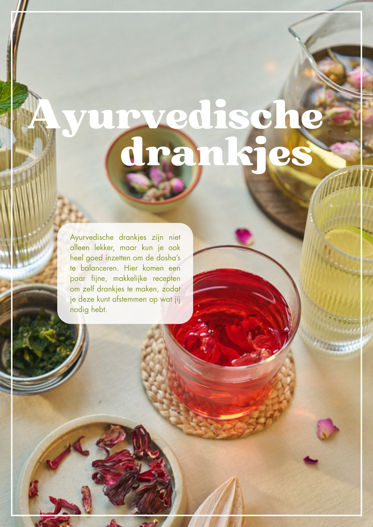 Colorful herbal drinks with rose petals, lemon slices, and fresh herbs on a table, with a glass of red drink in the center.