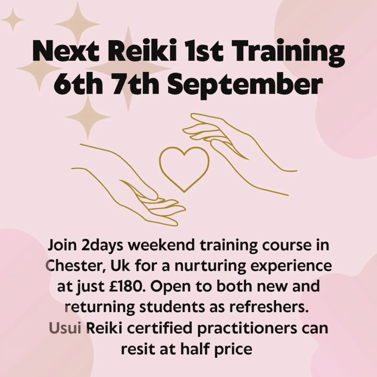 ✨ Reiki 1st Degree Weekend &ndash; 6th &amp; 7th September ✨
Chester, UK | &pound;180

Whether you are completely new to Reiki or feel it&rsquo;s time to reconnect after a break, this September weekend is a gentle, grounding space to begin (or begin 