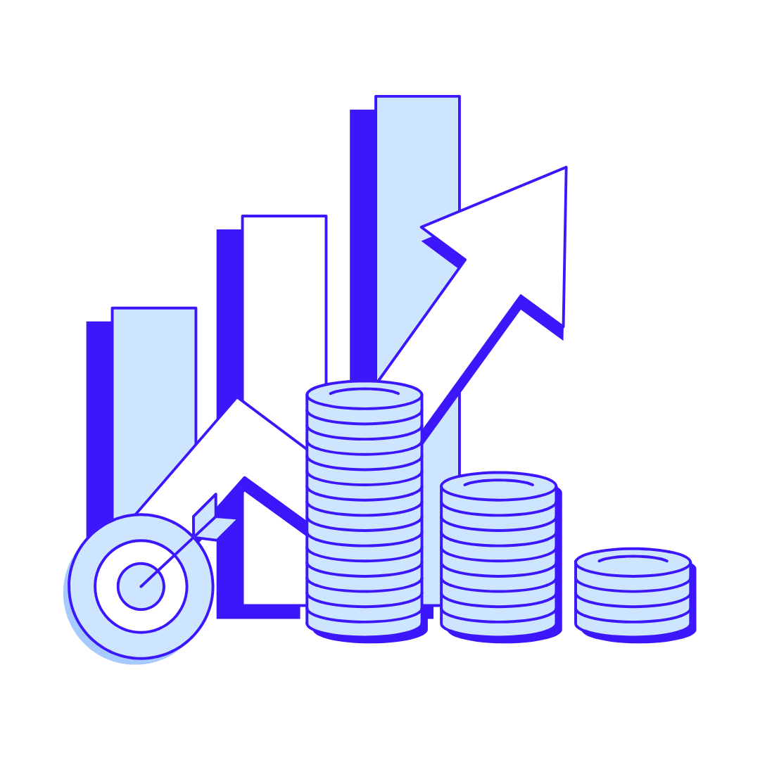 Die Grafik zeig einen Pfeil, der nach rechts oben zeigt. Daneben sind Geldberge und Graphen abgebildet.