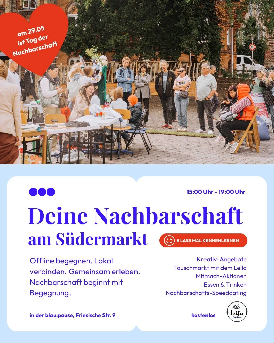🎉 Am 29.05. ist deutschlandweit Tag der Nachbarschaft! 🎉

Ein sch&ouml;ner Anlass f&uuml;r uns als Begegnungsort, die Nachbarschaft einzuladen: zum Kennenlernen, Austauschen und Mitmachen.

📍 Kommt vorbei!
🗓 Freitag, 29.05.
🕒 15:00&ndash;19:00 U
