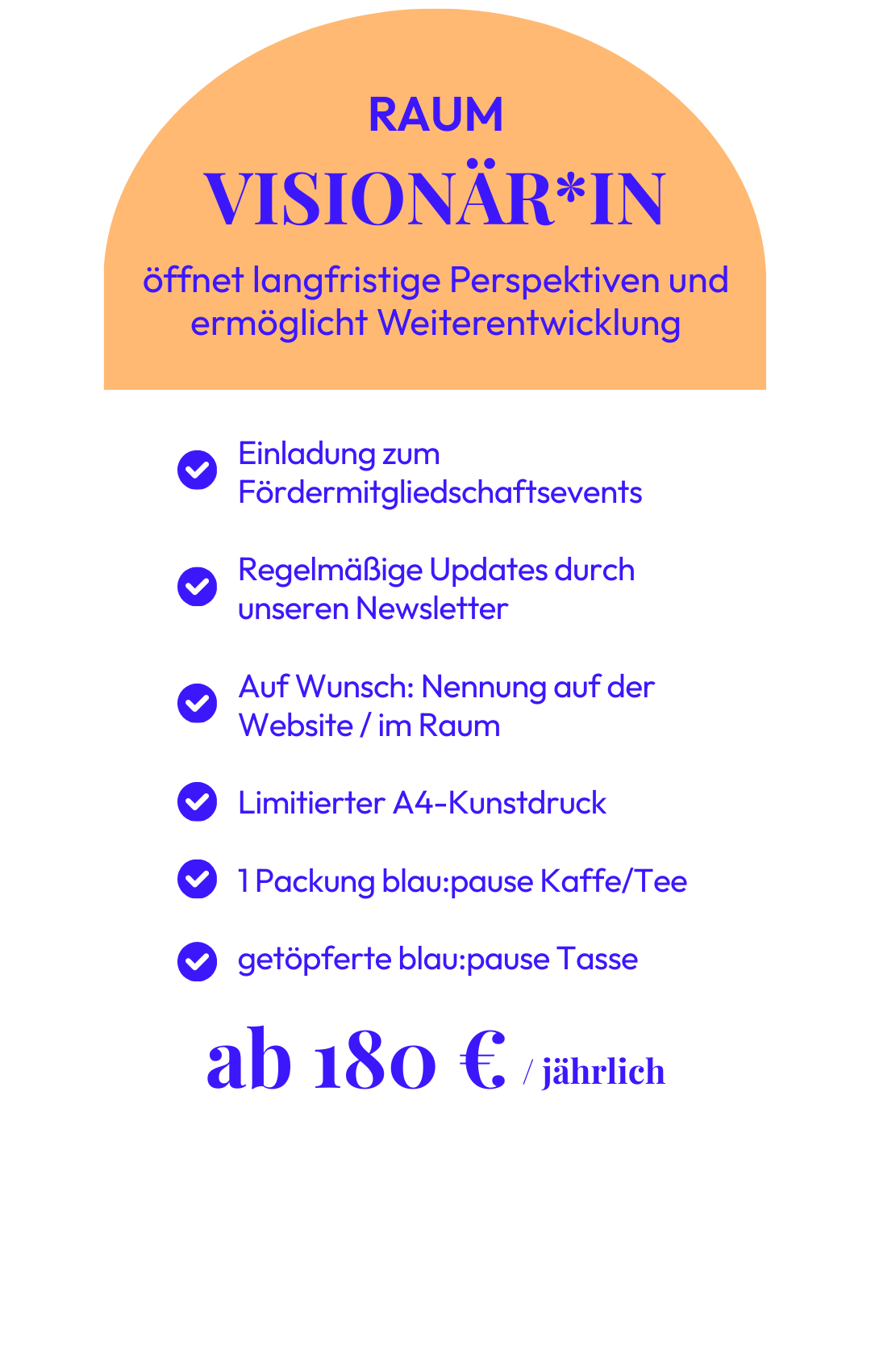 Die Grafik zeigt das Fördermodell als Raumvisioinär*in. Es kostet ab 180 Euro im Jahr.