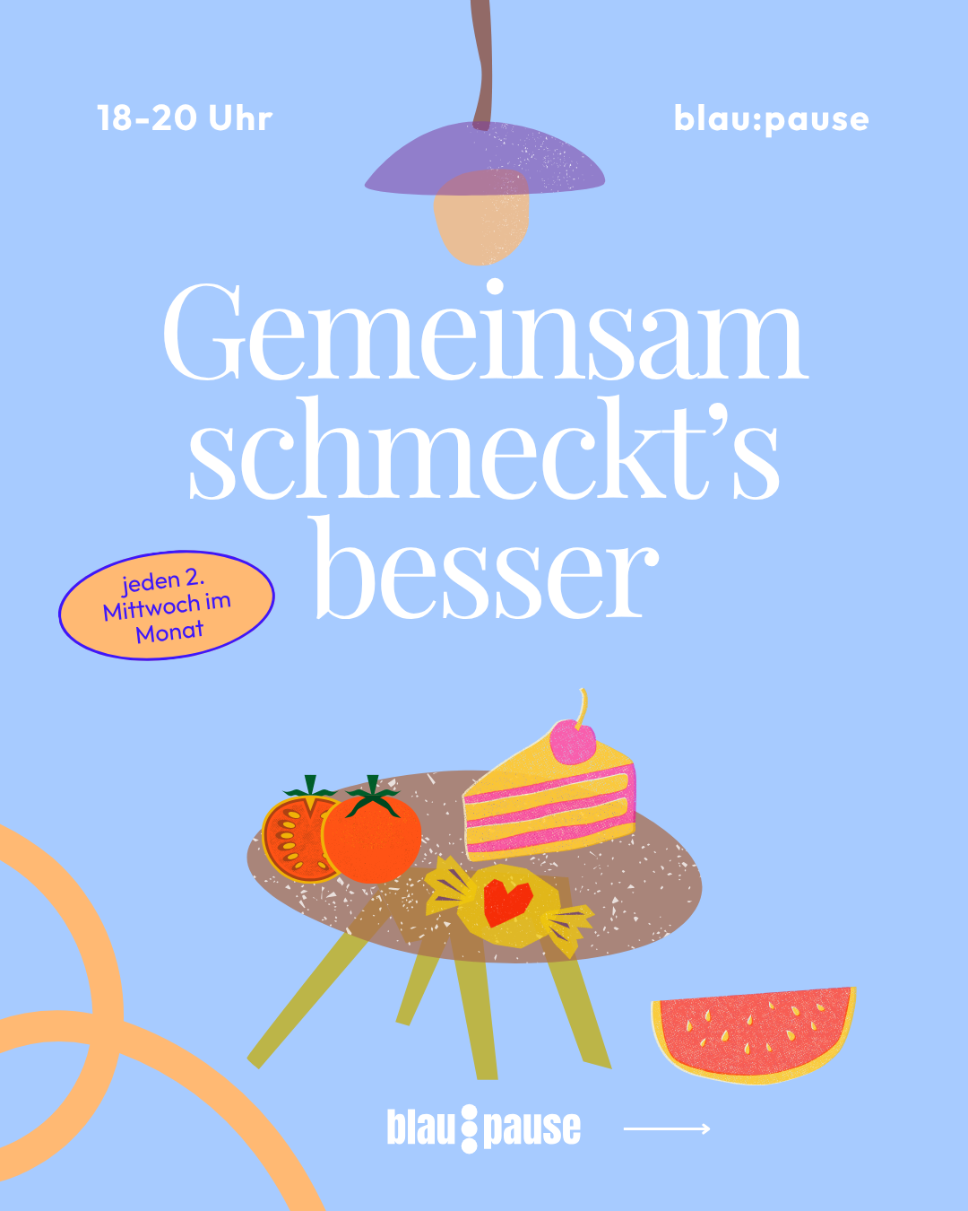 Plakat für eine regelmäßige Veranstaltung, mit einem Frühstückstisch, Obst, Kuchen und einem Wassermelonenscheibe, blauer Hintergrund, weißer Text, Menüzeit 18-20 Uhr, Veranstaltung alle zwei Wochen Mittwoch, Titel 'Gemeinsam schmeckt's besser', Veranstalter 'blau:pause'.