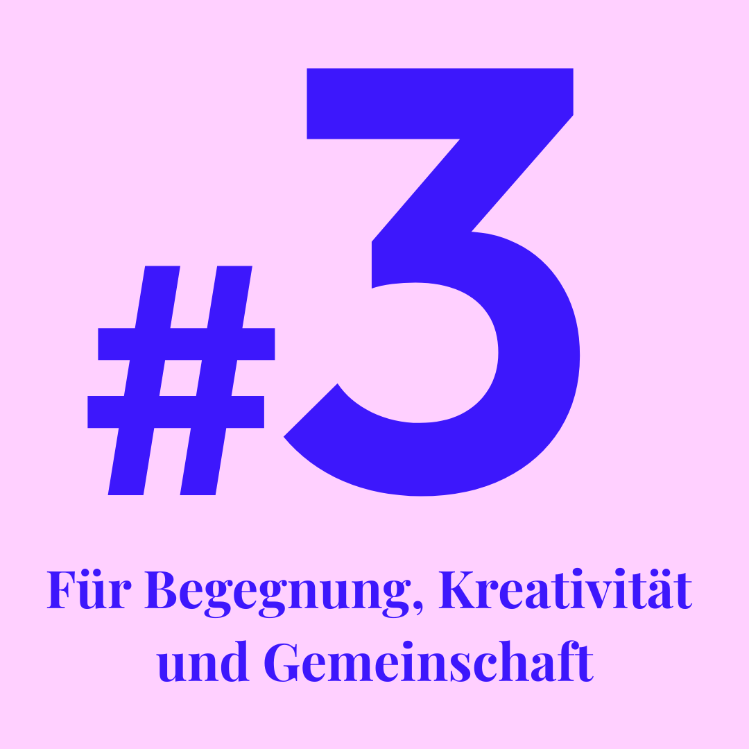 Auf dem Grafik sieht man eine große 3 auf rosa Hintergrund. Darunter steht für Begegnung, Kreativität und Gemeinschaft