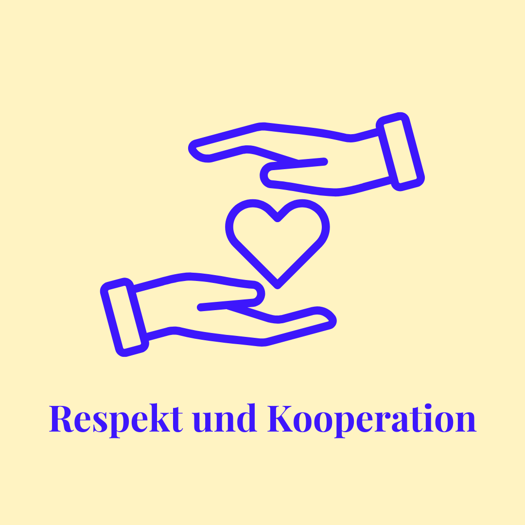 Die Grafik zeigt zwei Hände, die sich etwas geben. Zwischen ihnen ist ein Herz. Darunter steht Respekt und Kooperation.